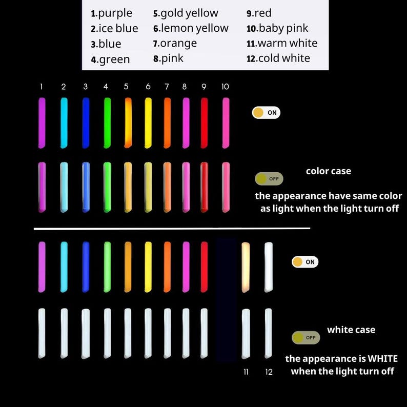 Peut inclure: Un tableau montrant 12 couleurs diff&eacute;rentes de lumi&egrave;res LED, avec les noms des couleurs list&eacute;s au-dessus de chaque couleur. Le tableau montre la couleur de la lumi&egrave;re lorsqu'elle est allum&eacute;e et &eacute;teinte. Les couleurs sont : violet, bleu glac&eacute;, bleu, vert, jaune or, jaune citron, orange, rose, rouge, rose p&acirc;le, blanc chaud et blanc froid.