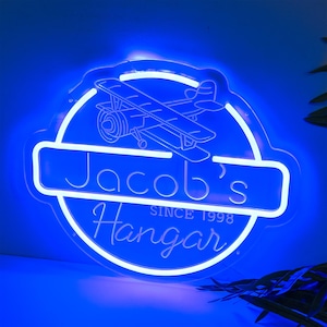 Custom Hangar Name Neon Sign: Airplane Decor, Pilot Gift