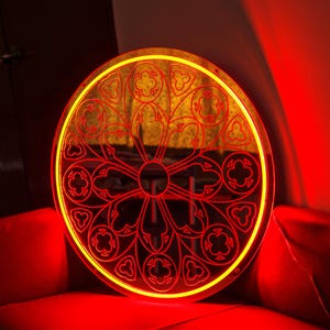 Rose Window Mirror Neon Sign, Gothic Mirror, Mirror Home Decor, Gothic Lover Gift, Gothic Wall Decor, Cathedral Decor, Spooky Mirror