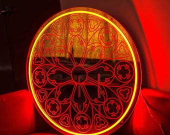 Neonreclame roosvenster spiegel, gotische spiegel, spiegelhuisdecor, gotisch minnaarcadeau, gotisch muurdecor, decor kathedraal, spookachtige spiegel