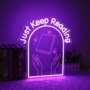 Enseigne au néon Just Keep Reading, Décoration d'étagère, Enseigne au néon de lecture, Cadeaux pour les amateurs de livres, Enseigne de bibliothèque de maison, Décoration livresque, Cadeaux pour lecteur