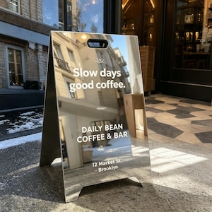 以下が含まれることがあります： 反射面を持つシルバーカラーのA型看板。看板には「Slow days good coffee. DAILY BEAN COFFEE & BAR, 12 Market St. Brooklyn.」という白い文字が書かれています。上部には持ち運び用の切り抜きハンドルが付いています。