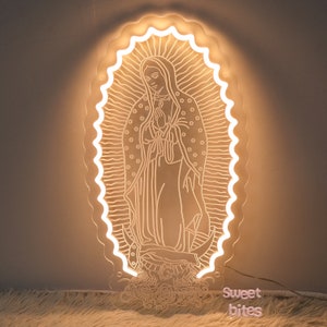 Letrero de neón de la Virgen María, decoración de la Virgen de Guadalupe, letrero de pared de Guadalupe, arte de pared de la Virgen María, decoración cristiana, decoración religiosa, regalo católico