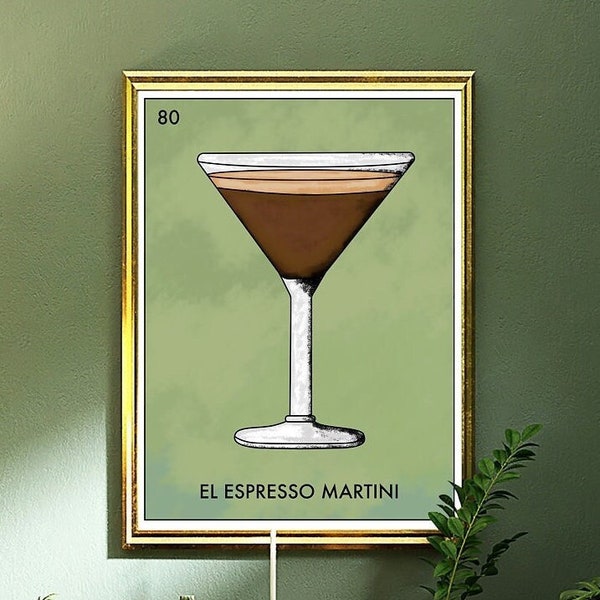 El Espresso Martini Loteria Style Poster, Bar Cart Decor, trendy art poster, wall art, Cocktail art, Espresso Martini art