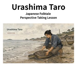Op de afbeelding: Een digitale illustratie getiteld Urashima Taro, A Japanese Folktale, met een persoon in een blauwe tuniek en bruine broek die op een zandstrand knielt en een grote zeeschildpad bij de waterkant aanraakt, met houten gebouwen op de achtergrond.