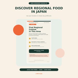 以下が含まれることがあります： Japan Supermarket Survival Kitというタイトルのデジタルガイドで、Discover Regional Food in Japanというテキストが表示されています。インターフェースには、場所や都道府県から郷土料理を探すための手順と、Find Regional Cuisineと書かれたボタンが含まれています。