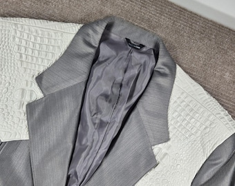 Saxifon 70's USA Herren 38 Grau Weiß Faux Krokodil Passe Western Anzug