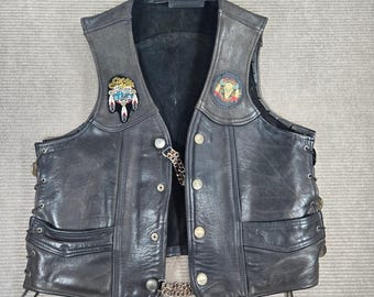 Kerr Leather Mens XL Black Vintage Painted Buffalo Skull Leather Biker Vest