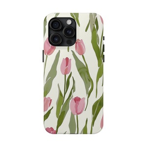 Pink Tulip Phone Case, Flower Pattern Phone Case, iPhone 15, 14, 13, 12, 11, 10, 8, 7, iPhone SE