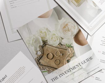 May include: A collection of white printed documents, including a wedding photography investment guide. The guide features a table of contents, images of wedding rings, and the text "I'm your name!" and "What to Expect."