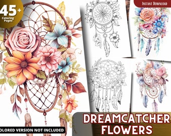 Dreamcatcher Flowers Coloring Pages for Adults and for Kids Grayscale Coloring, Printable PDF
