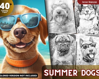 Páginas para colorear de perros de verano para adultos y niños para relajarse y aliviar el estrés, libro para colorear en escala de grises, PDF imprimible