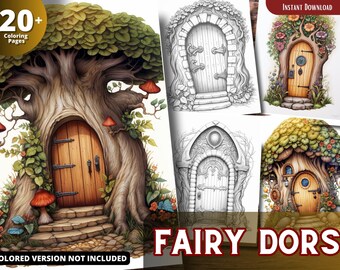 Fairy Doors Coloring Pages, Grayscale Art for Adults & Kids (Printable PDF)
