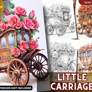 Little Carriage Coloring Pages for Adults and for Kids, Grayscale Coloring Book, Printable PDF