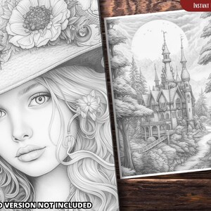 May include: A black and white illustration of a woman wearing a hat with flowers and a castle in the background. The castle is surrounded by trees and a path leads to it. The text "INSTANT DOWNLOAD" is in the upper right corner of the image. The text "COLORED VERSION NOT INCLUDED" is at the bottom of the image.