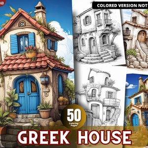 Greek House Coloring Pages for Adults and for Kids for Relax and Stress Relief, Grayscale Coloring Book, Printable PDF