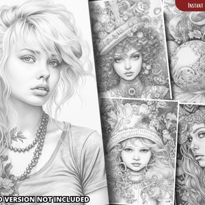 May include: Four black and white illustrations of women with intricate details. Each illustration features a woman with long hair and a floral crown or other headwear. The illustrations are in a whimsical style and would be perfect for coloring.