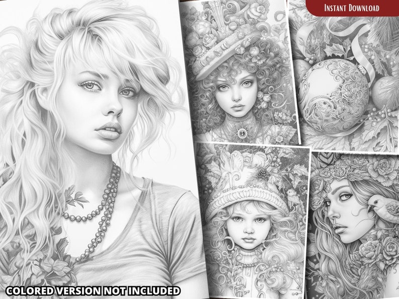 May include: Four black and white illustrations of women with intricate details. Each illustration features a woman with long hair and a floral crown or other headwear. The illustrations are in a whimsical style and would be perfect for coloring.
