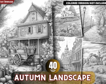 Autumn Landscape Grayscale Coloring Book, 40 Printable Pages (PDF)