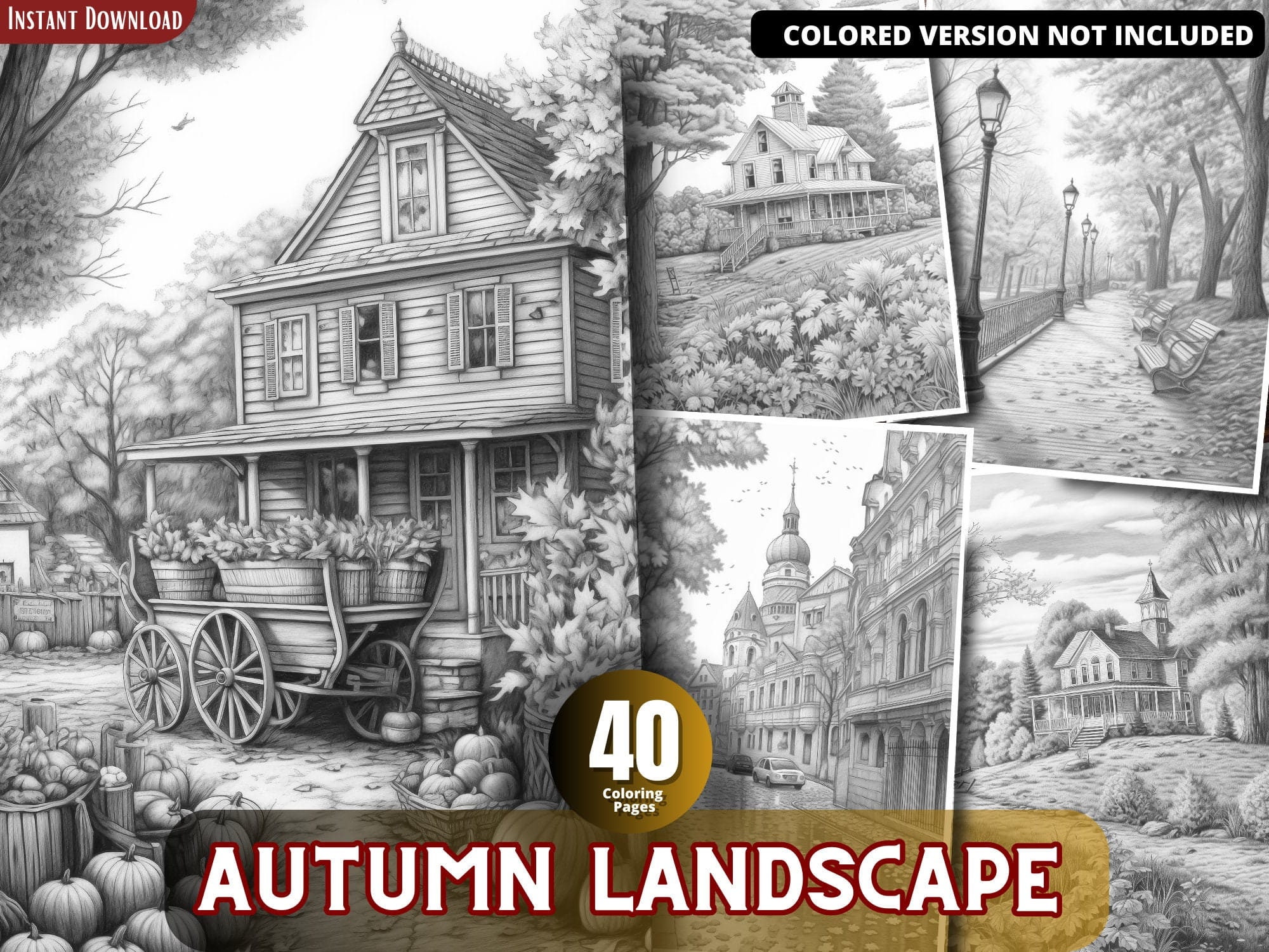 Autumn Landscape Coloring Pages for Adults and for Kids, Grayscale
