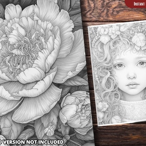 May include: A black and white printable coloring page featuring a young girl with long curly hair wearing a crown of leaves. The girl has a sweet expression on her face and her eyes are closed.