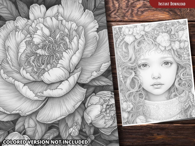 May include: A black and white printable coloring page featuring a young girl with long curly hair wearing a crown of leaves. The girl has a sweet expression on her face and her eyes are closed.