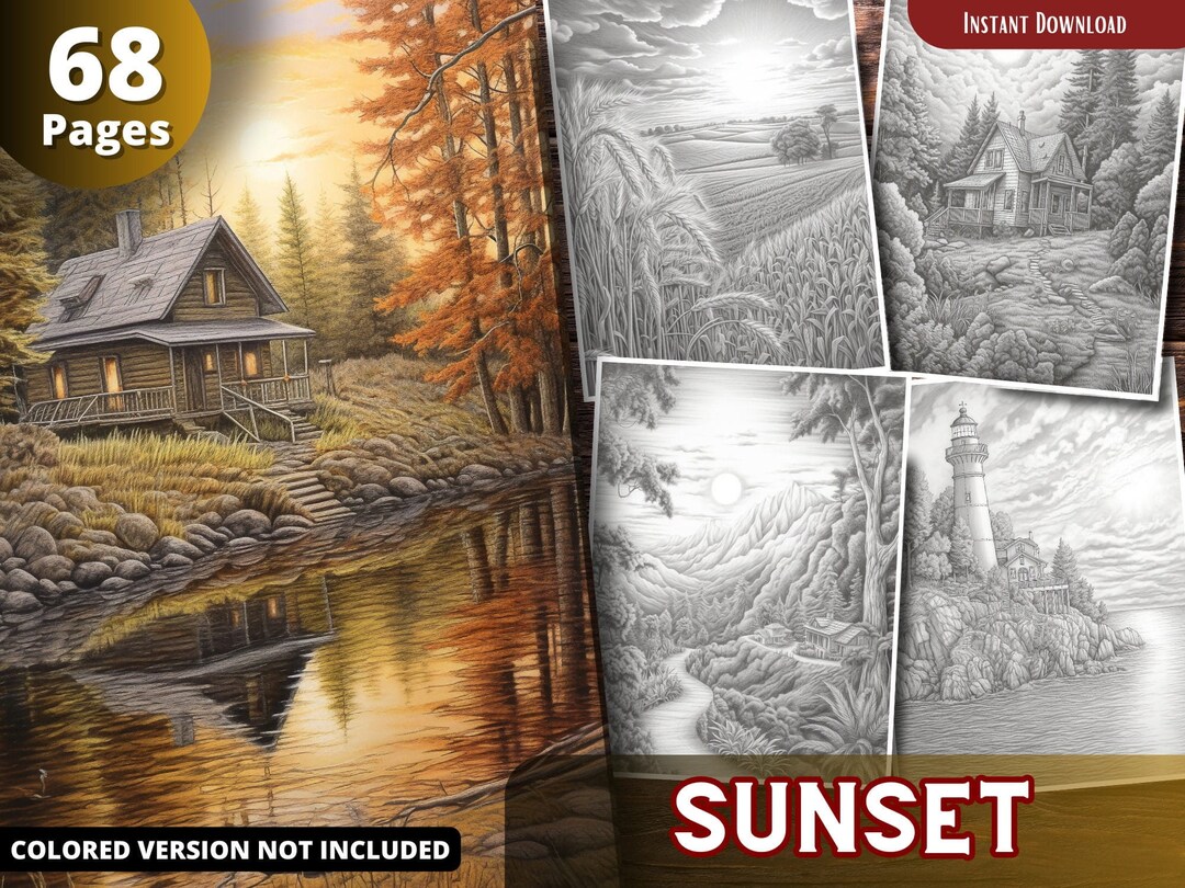 Sunset Coloring Pages for Adults and for Kids Grayscale Coloring Book ...