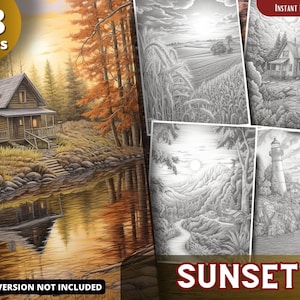 May include: A digital download of 68 coloring pages featuring sunset scenes. The cover image shows a cabin by a lake with a sunset in the background. The text "SUNSET" is in red letters at the bottom of the image.
