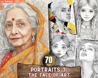 Portraits, Coloring Pages - Adults Kids Coloring Pages, Instant Download, Grayscale Coloring Book, Printable PDF File