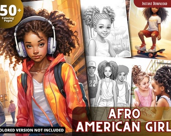 Libro para colorear en escala de grises de una niña afroamericana para adultos y niños (PDF imprimible)