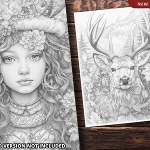 May include: Two black and white pencil drawings, one of a young woman with flowers in her hair and the other of a deer in the woods.  The drawings are on white paper and are framed by a wooden surface.