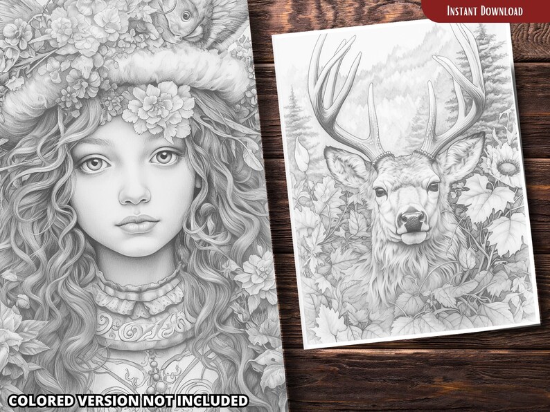May include: Two black and white pencil drawings, one of a young woman with flowers in her hair and the other of a deer in the woods.  The drawings are on white paper and are framed by a wooden surface.
