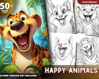 Dibujos para colorear de animales felices, libro para colorear en escala de grises (PDF imprimible)