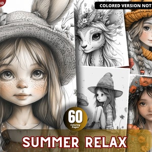 以下が含まれることがあります： 女の子、動物、自然のシーンを描いたイラストが60枚入った塗り絵セットです。イラストは白黒で、幻想的なスタイルです。セットのタイトルは「SUMMER RELAX」です。