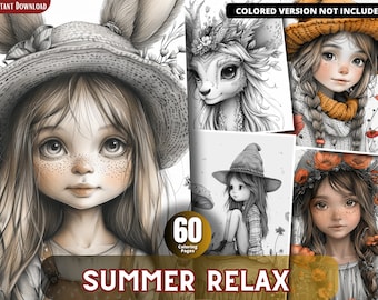 Summer Relax Coloring Pages for Adults and for Kids for Relax and Stress Relief, Grayscale Coloring Book, Printable PDF