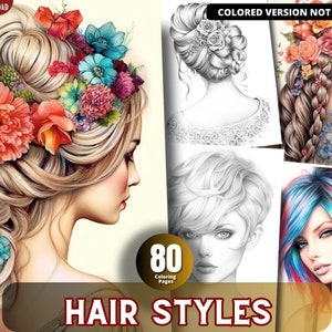 Hair Style Coloring Pages for Adults and for Kids, Grayscale Coloring Book, Printable PDF