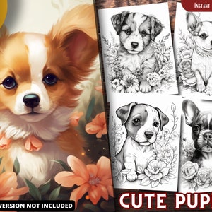 Cute Puppy Coloring Pages for Adults and for Kids  Grayscale Coloring, Printable PDF
