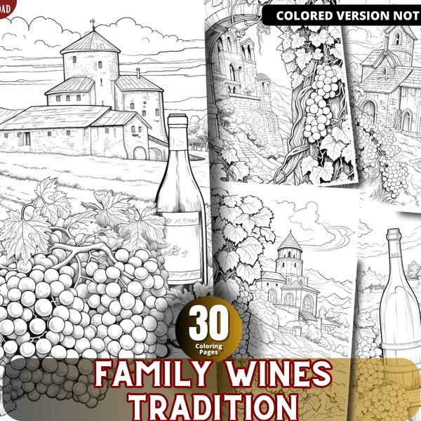 Wine Coloring Pages for Adults and for Kids Grayscale Coloring Book, Printable PDF
