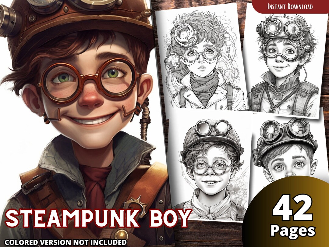 Steampunk Boys Coloring Pages for Adults and for Kids Grayscale ...
