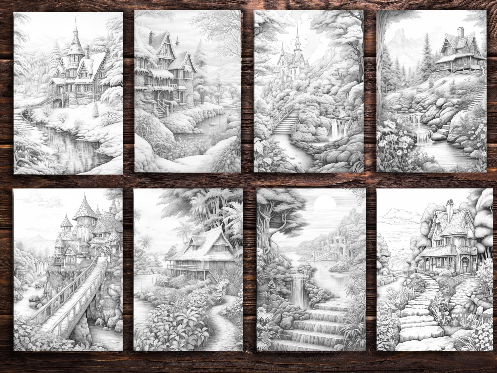 Fantasy Landscape Coloring Pages for Adults and for Kids, Grayscale