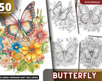 Butterfly Flower Coloring Pages, Grayscale Coloring Book (Printable PDF)