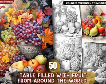 Nature morte de fruits - Coloriages en niveaux de gris pour adultes et enfants (PDF imprimable)