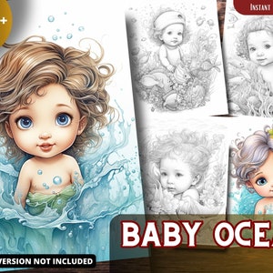 Baby ocean Coloring Pages for Adults and for Kids Grayscale Coloring Book, Printable PDF