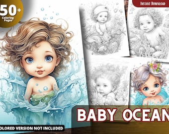 Baby Ocean Grayscale Coloring Book, Kids & Adults (Printable PDF)
