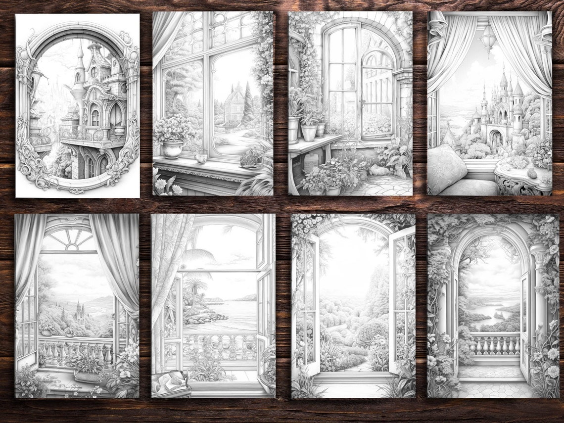 Magical Window Fantasy Coloring Pages, Grayscale Art (printable PDF) - Etsy