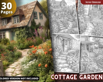 Cottage Garden Grayscale Coloring Book, Relaxing Adult & Kids Pages (Printable PDF)