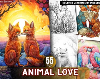 Animal Love Coloring Pages, Grayscale Coloring Book (Printable PDF)