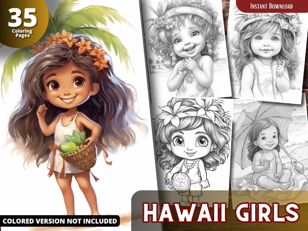 Hawaii Cute Girls Coloring Pages for Adults and for Kids for Relax and ...