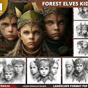 Peut inclure: Un ensemble de 31 pages à colorier illustrant des enfants elfes des bois. Les illustrations sont en noir et blanc et représentent des enfants aux oreilles pointues, portant des couronnes de feuilles et d'autres accessoires sur le thème de la forêt. Le texte "FOREST ELVES KIDS" est en haut de l'image.