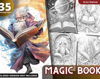 Pode incluir: Download digital de um "Magic Book" com 35 páginas para colorir. A capa apresenta um mago segurando um livro grande e aberto, rodeado por efeitos mágicos coloridos. As páginas internas mostram cenas de fantasia com dragões, magos e castelos.
